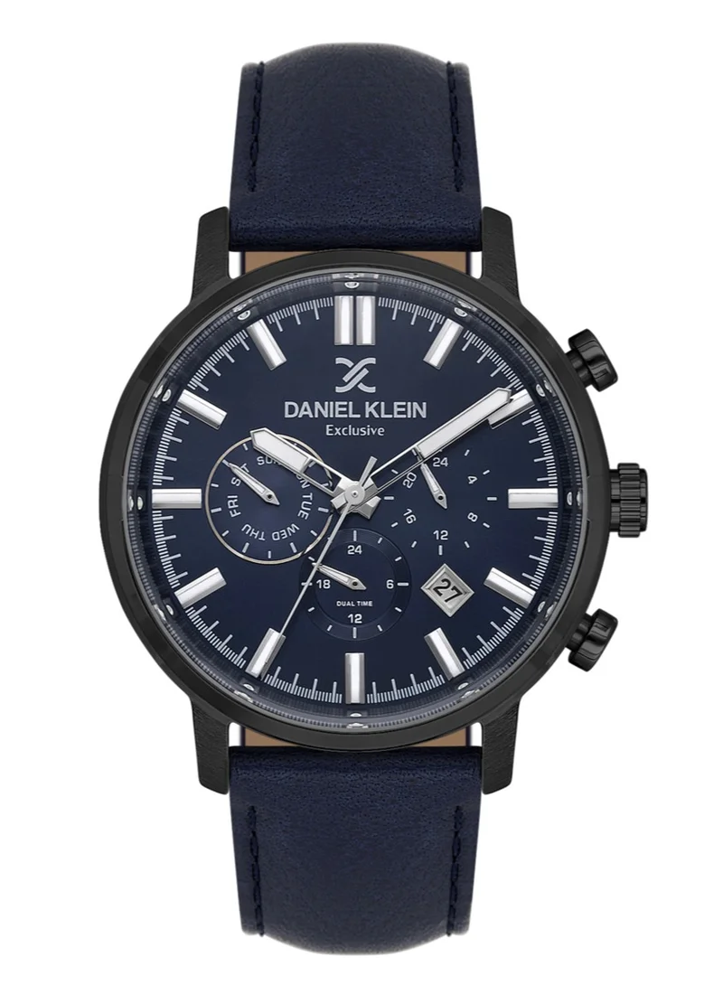 DANIEL KLEIN Men's Leather Black Alloy Case Analog Dark Blue Round Sunray Dial Japanese Quartz Exclusive 50 Meters Water Resistant